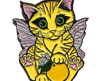 Lemon Blossom Fairy Kätzchen Katze Emaille Pin Glitter Gelbe Katze Anstecknadel Feenkatze Kawaii Fantasy Katze Kunst Brosche Katzenliebhaber Kunst Carrie Hawks