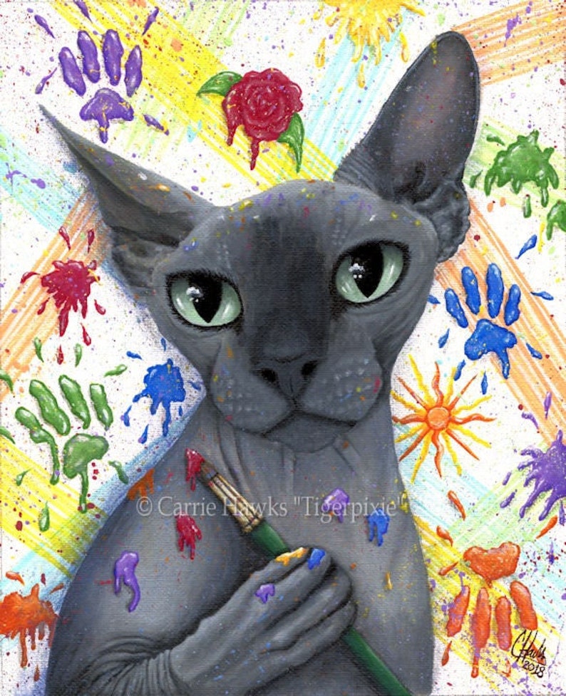 Sphynx Cat Canvas Print Artist Cat Pop Art Blue Sphynx Painting Splattered Paint Paw Prints Hairless Limited Edition Canvas Print 11x14 image 1
