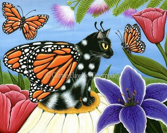 Katze Illustration Fee Schmetterling Katze Malerei Fee Tulpen Geflügelte Katze Fantasy Katze Kunstdruck Katzenliebhaber Kunst Carrie Hawks