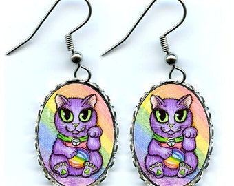 Lucky Cat Earrings Creativity Maneki Neko Luck Fantasy Cat Art Cameo Earrings 25x18mm Gift for Cat Lovers Jewelry Carrie Hawks