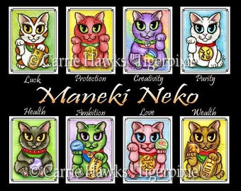 Maneki Neko Luck Fortune Cats Lucky Cat Art Cat Drawing Japanese Luck Cats Big Eye Art Fantasy Cat Art Print Cat Lovers Art