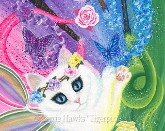 White Fairy Cat Painting Springtime Magic Rainbow Tarot 4 of Wands Whimsical Cat Art Limited Edition Canvas 11x14 Cat Lovers Art