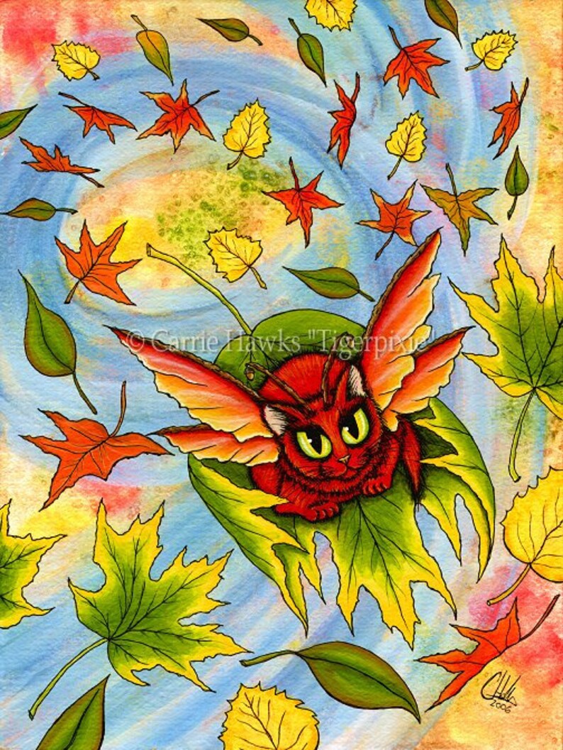 Whimsical Cat Painting Big Eye Fairy Cat Art Autumn Fall Leaves Whimsical Cat Painting Big Eye Fairy Cat Art Autumn Fall Leaves