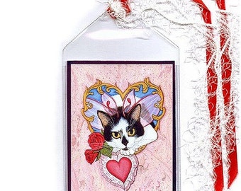 Valentine Cat Bookmark Princess Tuxedo Cat Valentine's Day Bookmarker Tiara Heart Fantasy Art Bookmark Gift for Reader Carrie Hawks