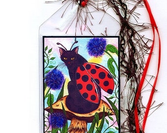 Fairy Cat Bookmark Ladybug Cat Bookmarker Winged Cat Painting Logan Mushroom Whimsical Cat Art Mini Bookmark Gift For Cat Lover Carrie Hawks