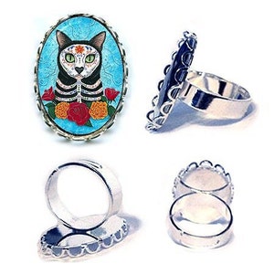 Day of the Dead Cat Ring Mexican Sugar Skull Cat Ring Gothic Silver Cat Ring Cameo Ring 25x18mm Gift for Cat Lovers Jewelry Carrie Hawks