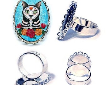 Day of the Dead Cat Ring Mexican Sugar Skull Cat Ring Gothic Silver Cat Ring Cameo Ring 25x18mm Gift for Cat Lovers Jewelry Carrie Hawks