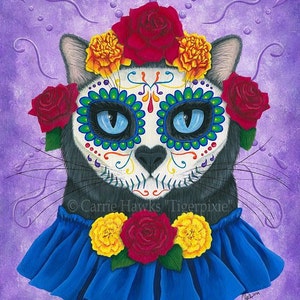 May include: A black and white cat with blue eyes and a sugar skull face paint design. The cat is wearing a blue ruffled collar with yellow and red flowers. The background is purple with swirls.