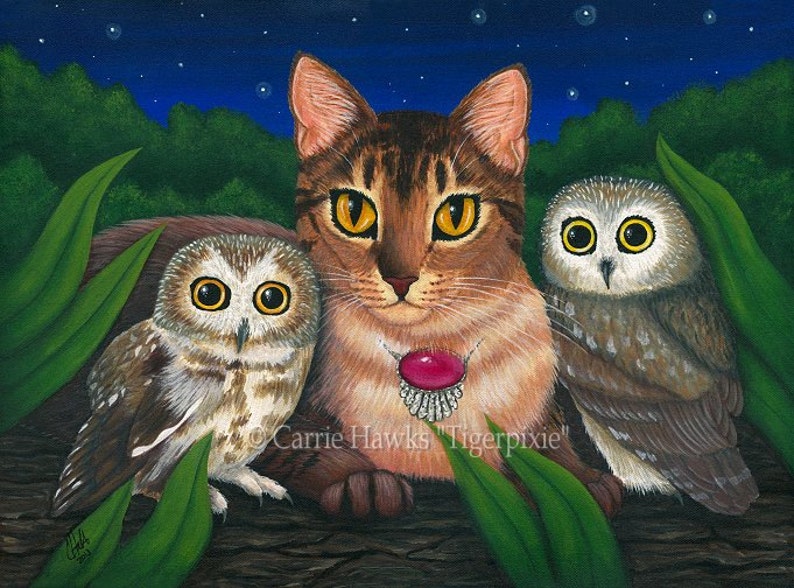 SALE Owls Cat Magnet Saw Whet Owl Abyssinian Cat Fantasy Cat Art Framed Magnet Gifts For Cat Lovers