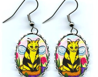 Bumble Bee Cat Earrings Fairy Cat Fantasy Cat Art Cameo Earrings 25x18mm Gift for Cat Lovers Jewelry Carrie Hawks