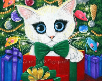 Christmas Kitten Boy Canvas Print White Kitten Christmas Cat Tree Holiday Present Gift Bow Limited Edition Canvas Print 11x14 Cat Lover