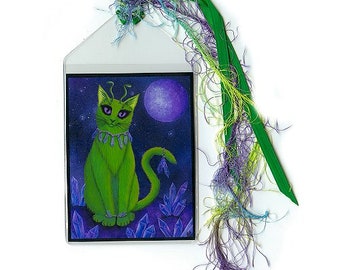 Alien Cat Bookmark Space Cat Bookmarker Green Alien Cat Galaxy Cat Fantasy Cat Art Mini Bookmark Gift For Cat Lover Carrie Hawks