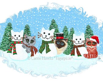 SnowCat Kitties Canvas Print Snow Cat Siamese Cat Grey Cat Orange Tabby Christmas Trees Cat Art Limited Edition Canvas Print 11x14 Cat Lover