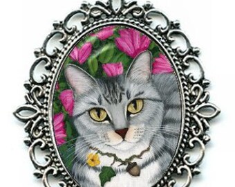 Gray Tabby Cat Necklace Silver Tabby Cat Azalea Garden Cat Cameo Pendant 40x30mm Gift for Cat Lovers Jewelry Carrie Hawks