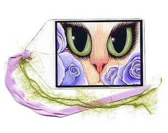 Big Eye Cat Bookmark Lavender Roses Bookmarker Valentine Cat Green Eyes Fantasy Cat Art Mini Bookmark Gift For Cat Lover Carrie Hawks