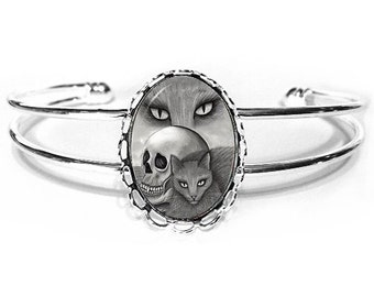 Pulsera de gato negro de bruja, calavera de vampiro, arte gótico de gato, pulsera de gato plateado con camafeo, 25 x 18 mm, regalo para amantes de los gatos, joyería Carrie Hawks