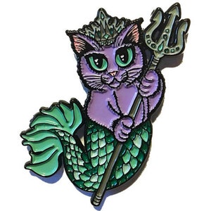 Purple Mermaid Cat Enamel Pin Purrseidon Lapel Pin Mercat Badge Ocean Sea Trident Poseidon Fantasy Cat Art Brooch Cat Lovers Art