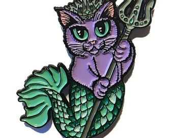 Purple Mermaid Cat Enamel Pin Purrseidon Lapel Pin Mercat Badge Ocean Sea Trident Poseidon Fantasy Cat Art Brooch Cat Lovers Art