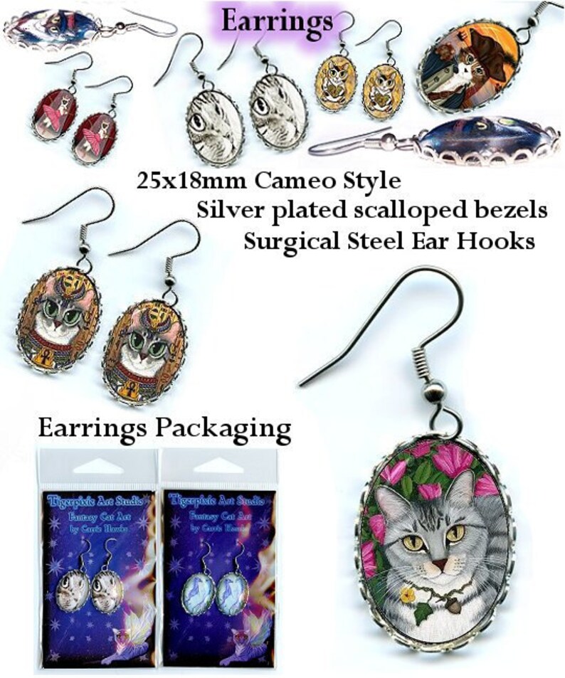 Mermaid Cat Earrings Atlantis Mercat Cat Art Cameo Earrings 25x18mm Gift for Cat Lovers Jewelry Carrie Hawks image 3
