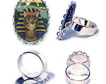 Anillo de gato faraón egipcio Anillo de gato egipcio Rey Bastet Anillo de gato plateado Anillo de camafeo con arte de gato de fantasía 25x18 mm Regalo para amantes de los gatos Joyería Carrie Hawks
