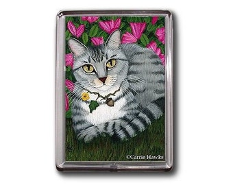 Silver Tabby Cat Magnet Azalea Garden Fantasy Cat Art Framed Magnet Gifts For Cat lovers Carrie Hawks