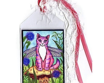 Dragonfly Fairy Cat Bookmark Pink Fairy Cat Bookmarker Mushroom Fantasy Cat Art Mini Bookmark Gift For Cat Lover Carrie Hawks