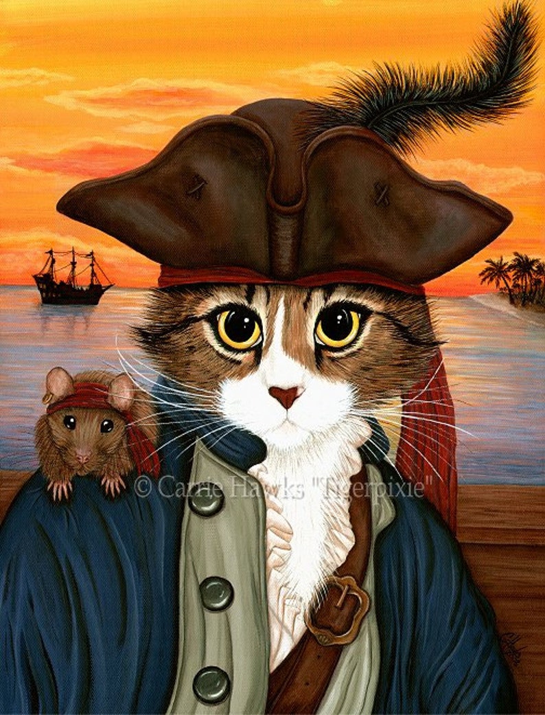 Pirate Cat Necklace Pirate Rat Captain Cat Cameo Pendant Ship Sunset 40x30mm Gift for Cat Lovers Jewelry Carrie Hawks image 2