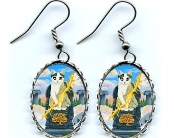 Zeus griechischen Gott Katze Ohrringe König der Götter Katze Blitz Olympus Katze Kunst Cameo Ohrringe 25x18mm Katzenliebhaber Schmuck Carrie Hawks