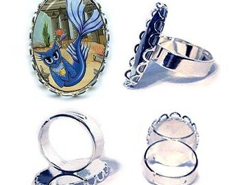 Mermaid Cat Ring Atlantis Mercat Silver Cat Ring Fantasy Cat Art Cameo Ring 25x18mm Gift for Cat Lovers Jewelry Carrie Hawks