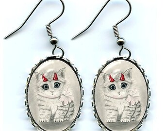 Cute Devil Kitten Earrings Red Horns Devil Cat Big Eye Cat Art Cameo Earrings 25x18mm Gift for Cat Lovers Jewelry Carrie Hawks
