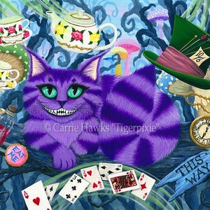 May include: A whimsical illustration featuring the Cheshire Cat from Alice in Wonderland. The purple cat with green eyes is surrounded by playing cards, mushrooms, a pocket watch, and a Mad Hatter hat. The words "DRINK ME" and "THIS WAY" are visible.