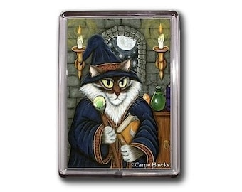 Wizard Cat Magnet Merlin Magician Cat Magic Cat Sorcerer Cat Fantasy Cat Art Framed Magnet Gifts For Cat Lovers Carrie Hawks
