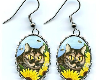 Cat Earrings Tortoiseshell Tortie Cat Sunflower Bees Fantasy Cat Art Cameo Earrings 25x18mm Gift for Cat Lovers Jewelry Carrie Hawks