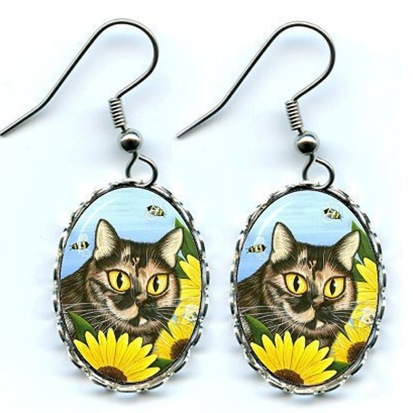 Cat Earrings Tortoiseshell Tortie Cat Sunflower Bees Fantasy Cat Art Cameo Earrings 25x18mm Gift for Cat Lovers Jewelry Carrie Hawks