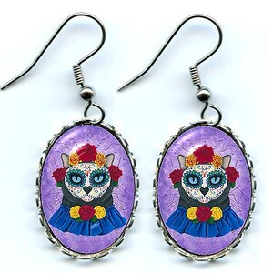 Day of the Dead Cat Earrings Mexican Sugar Skull Gothic Cat Art Cameo Earrings 25x18mm Gift for Cat Lovers Jewelry Carrie Hawks