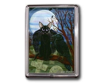 Black Cat Raven Magent Moon Crow Gothic Graveyard Fantasy Cat Art Framed Magnet Cat Lovers Gifts Carrie Hawks