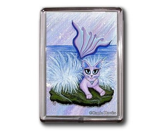 Mermaid Cat Magnet Elemental Water Elements Purple Cat Fantasy Cat Art Framed Magnet Cat Lovers Gift Carrie Hawks