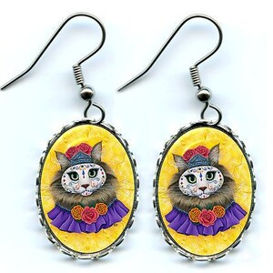 Princess Day of the Dead Cat Earrings Mexican Sugar Skull Aztec Cat Art Cameo Earrings 25x18mm Gift for Cat Lovers Jewelry Carrie Hawks