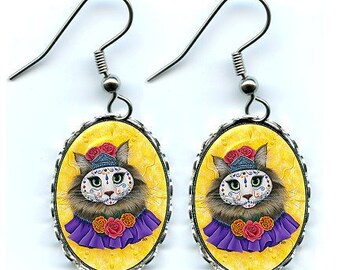 Princess Day of the Dead Cat Earrings Mexican Sugar Skull Aztec Cat Art Cameo Earrings 25x18mm Gift for Cat Lovers Jewelry Carrie Hawks