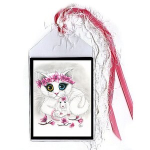 May include: A white cat with pink and white flowers in its hair and one blue and one yellow eye is holding a small white rat with pink ears. The cat and rat are sitting on a white background with pink flowers.