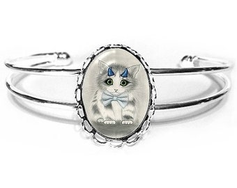 Blue Horns Little Devil Cat Bracelet Cute Devil Kitten Fantasy Cat Art Silver Cat Cameo Bracelet 25x18mm Cat Lover Jewelry Carrie Hawks