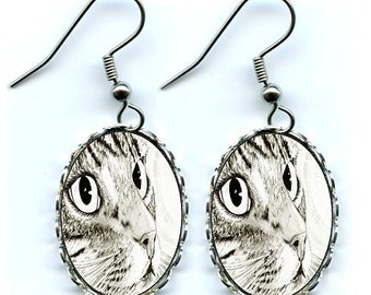 Tabby Cat Earrings FairyLight Fantasy Cat Art Cameo Earrings 25x18mm Gift for Cat Lovers Jewelry Carrie Hawks