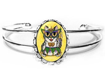 Mardi Gras Cat Bracelet New Orleans Cat NOLA Mardi Gras Mask Beads Big Eye Chibi Cat Cameo Bracelet 25x18mm Cat Lover Jewelry Carrie Hawks