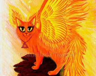 Phoenix Cat Fire Cat Original Painting Elemental Flames Winged Cat Lava Rock Fantasy Cat Art Original Canvas Painting 8x10 Cat Lovers