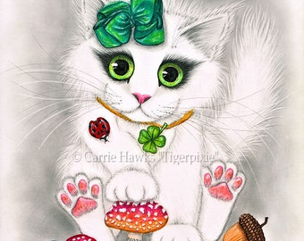 Lucky Cat Canvas Print Good Luck Charms Big Eye Cat White Fluffy Kitten 1980s Big Bow Charms Limited Edition Canvas Print 11x14 Cat Lover