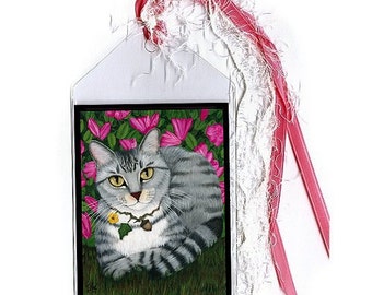 Gray Tabby Bookmark Silver Tabby Cat Bookmarker Azalea Garden Fantasy Cat Art Mini Bookmark Cat Lovers Gift Carrie Hawks