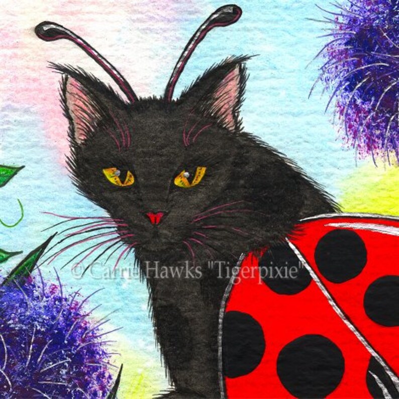 May include: A black cat with long antennae is wearing a red and black ladybug costume. The cat has yellow eyes and a pink nose. The background is a colourful watercolour wash with purple flowers.