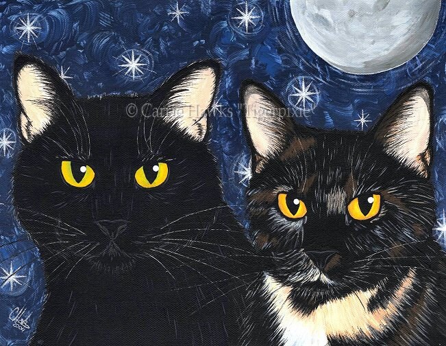 絵画 black cat Black Cat Art Tortoiseshell Cat Painting Moon Stars Gothic Cats
