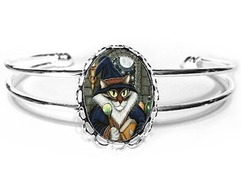 Pulsera de gato mago Pulsera de gato mago Merlín Pulsera de gato mágico Pulsera de gato hechicero con camafeo 25 x 18 mm Regalo para amantes de los gatos Joyería Carrie Hawks