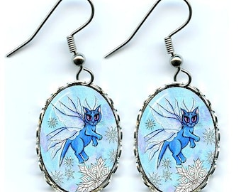 Winter Fairy Cat Earrings Snowflake Snow Blue Fairy Cat Fantasy Cat Art Cameo Earrings 25x18mm Gift for Cat Lovers Jewelry Carrie Hawks